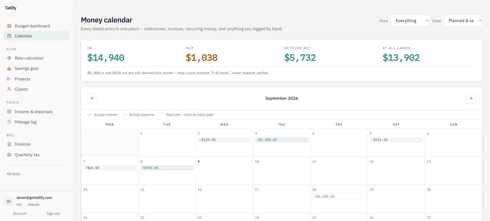 The money calendar: a month of planned and settled income and expenses on one grid.