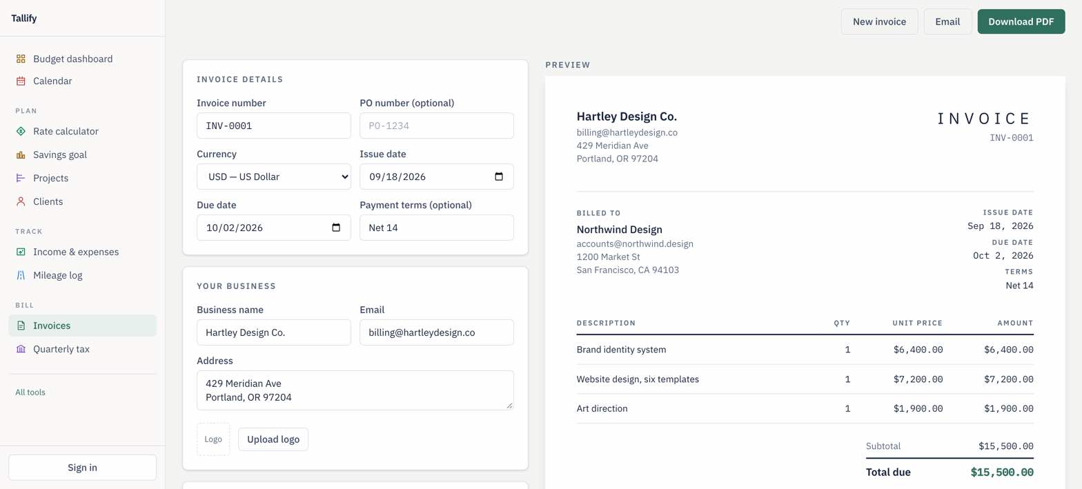 The invoice builder: a form on the left, and the finished invoice previewing beside it as it is filled in.