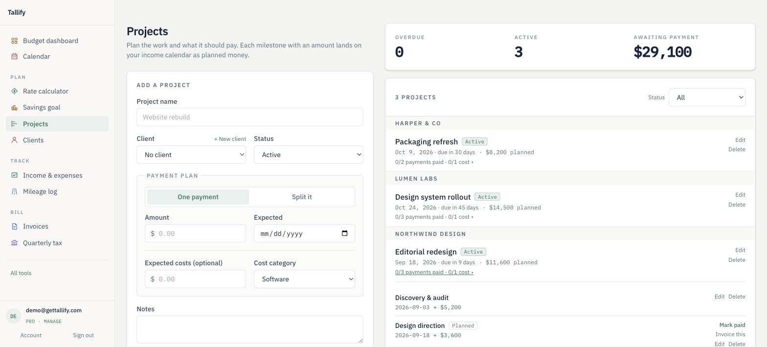 Projects and milestones: a payment plan split across dates, with what is still awaiting payment.